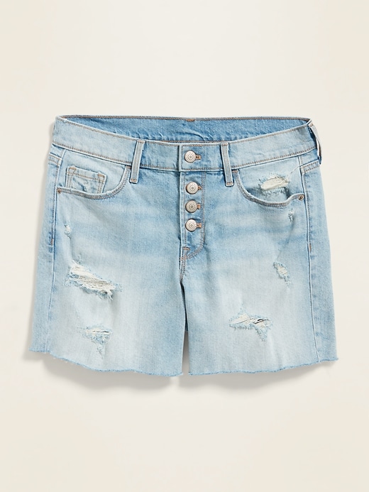 Image number 3 showing, Mid-Rise Distressed Button-Fly Cut-Off Jean Shorts for Women -- 5-inch inseam