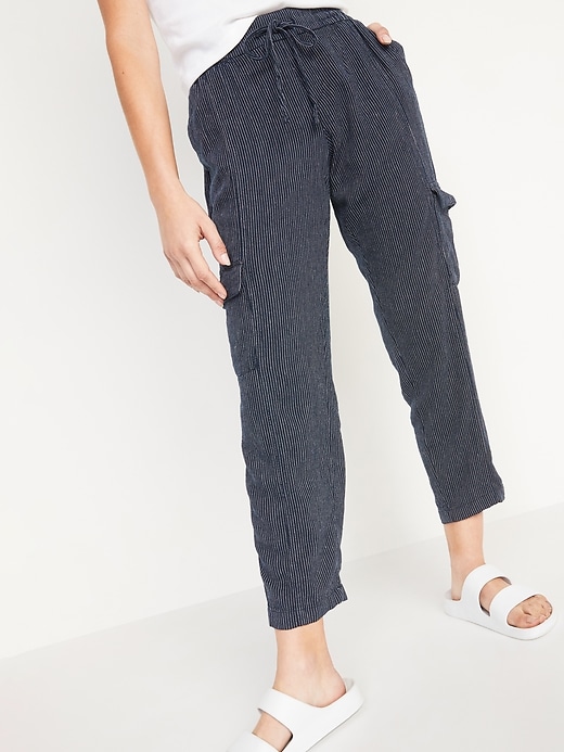 Image number 4 showing, Mid-Rise Pinstriped Linen-Blend Cargo Pants
