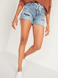 High-Waisted Distressed Bandanna-Patch Cut-Off Jean Shorts for Women -- 2.5-inch inseam