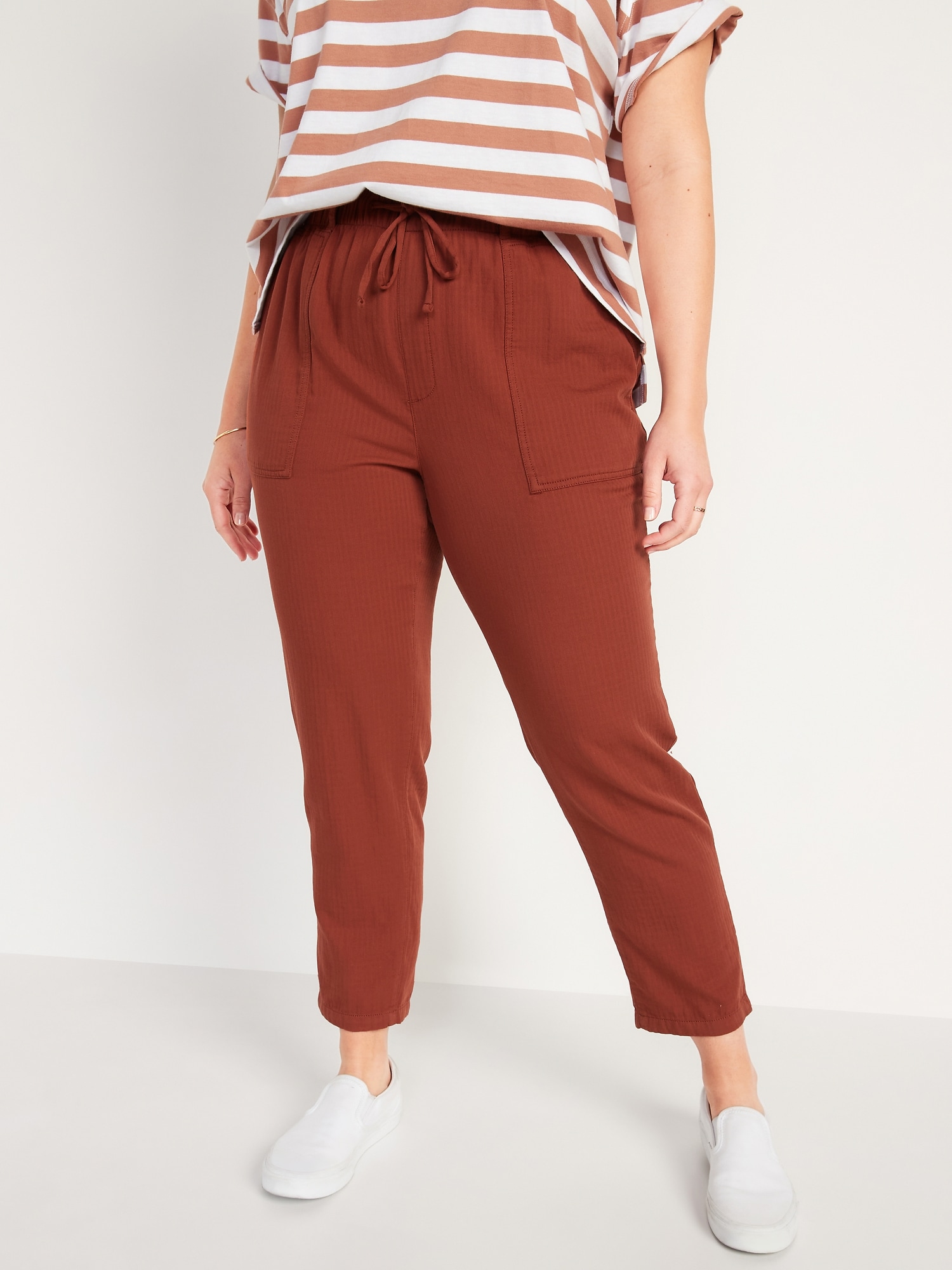 High-Waisted Textured-Twill Utility Ankle Pants for Women