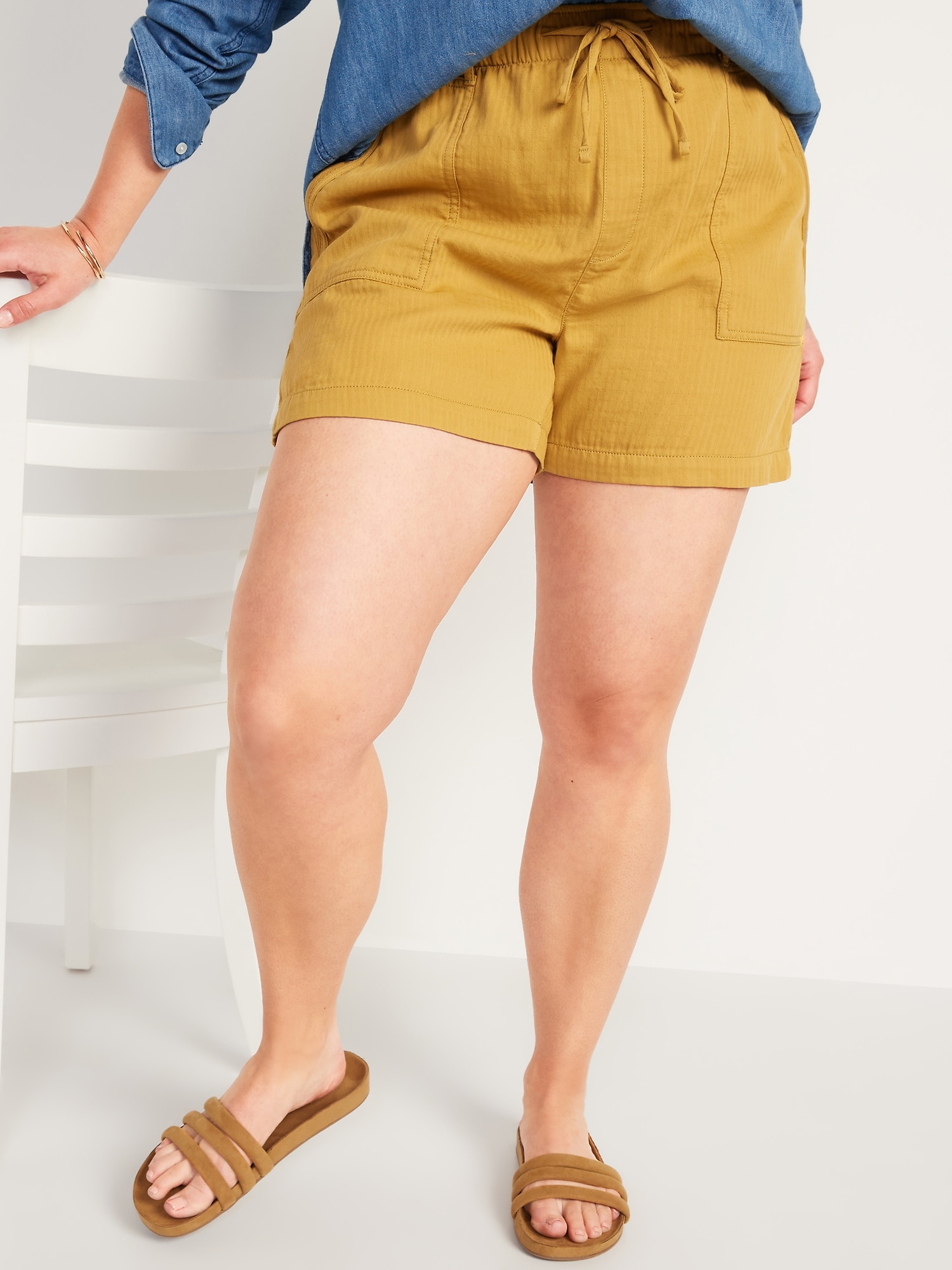 High-Waisted Textured Twill Shorts for Women -- 4-inch inseam