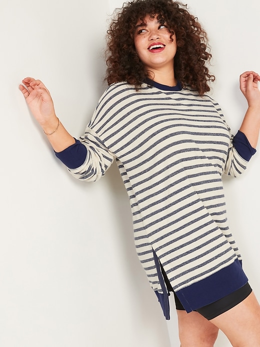 Loose Striped Cali Fleece Terry Sweatshirt Tunic