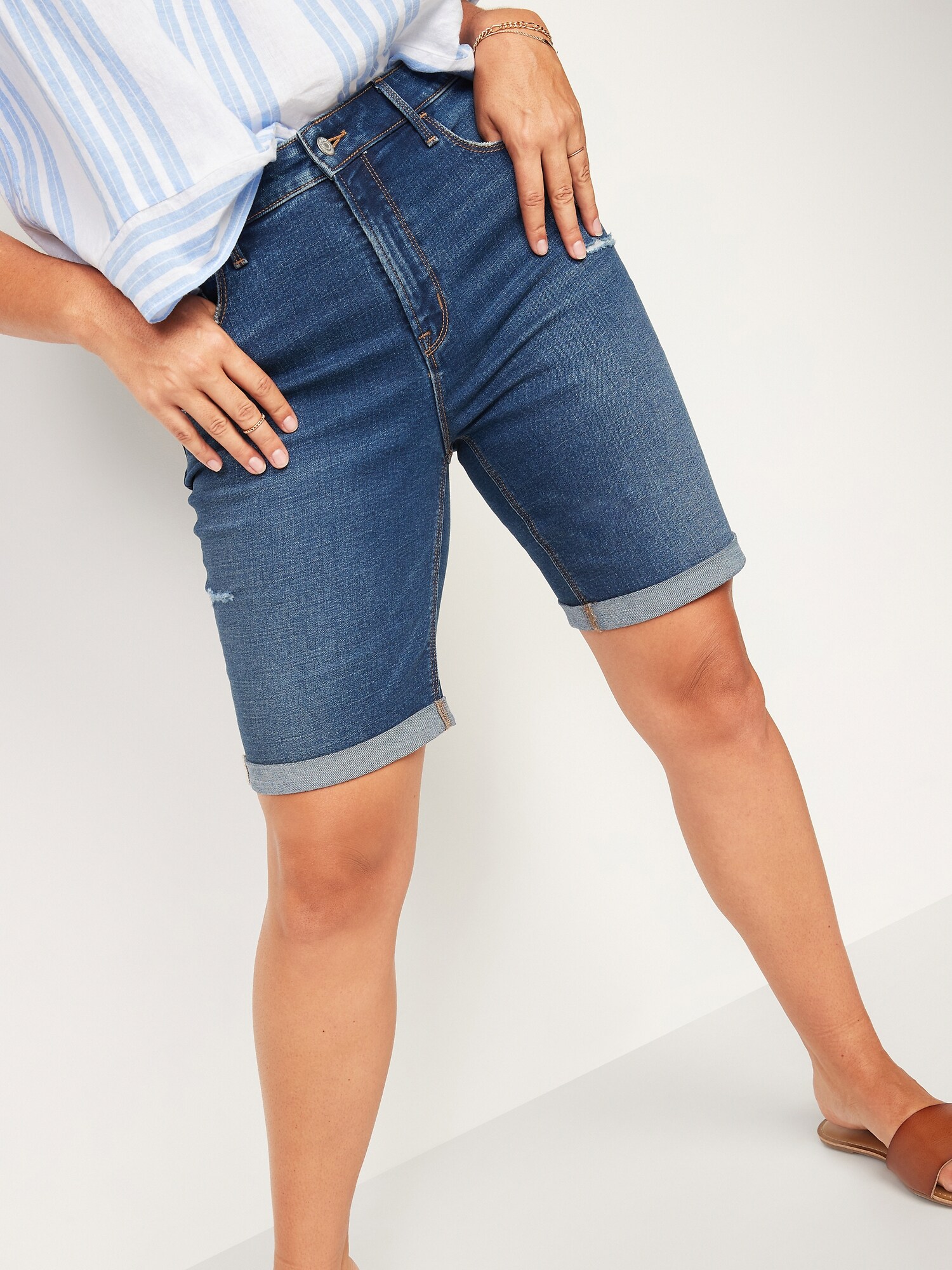High-Waisted Distressed Bermuda Jean Shorts for Women -- 9-inch inseam