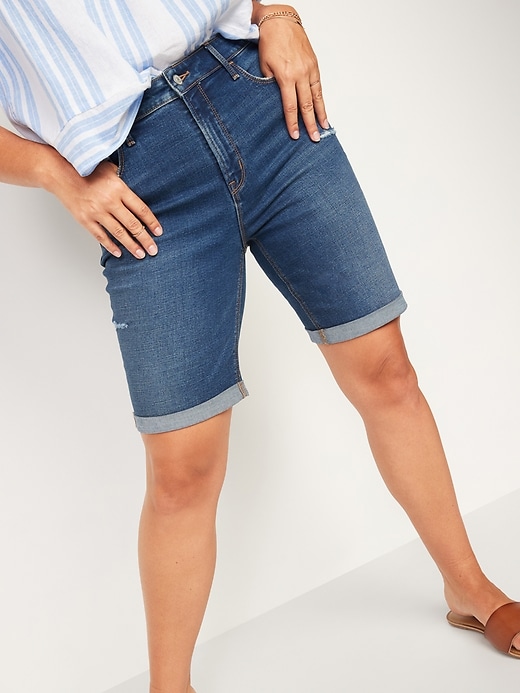 Image number 1 showing, High-Waisted Distressed Bermuda Jean Shorts for Women -- 9-inch inseam