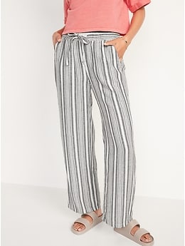 Striped Linen Look Wide Leg Beach Pants