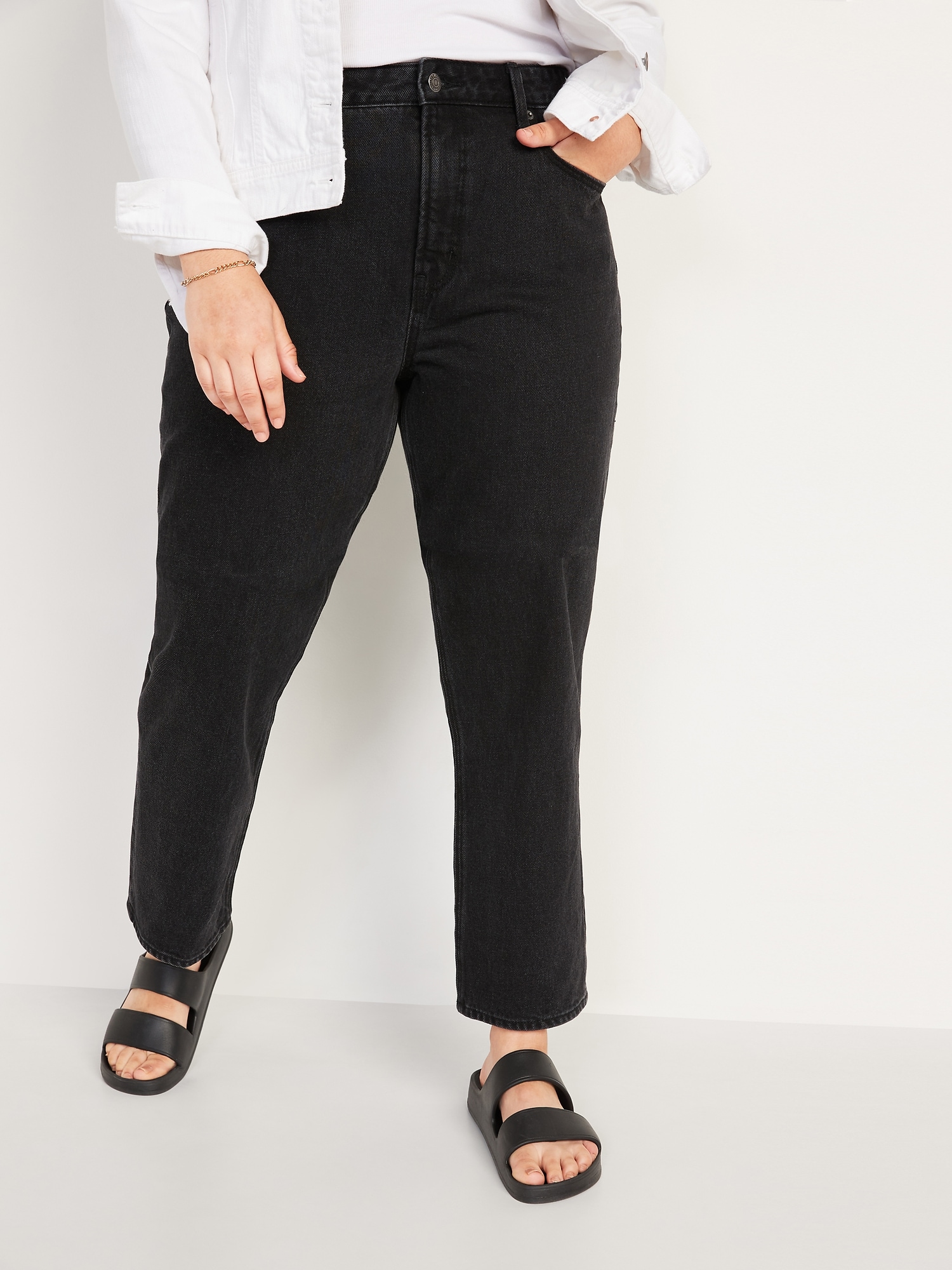 High-Waisted Slouchy Straight Cropped Black Jeans for Women