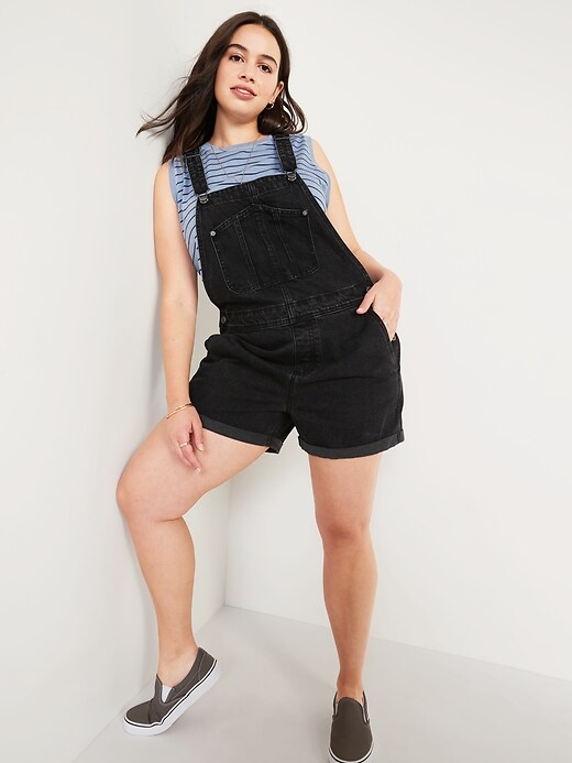 Image number 1 showing, Slouchy Workwear Black Jean Short Overalls for Women -- 3.5-inch inseam