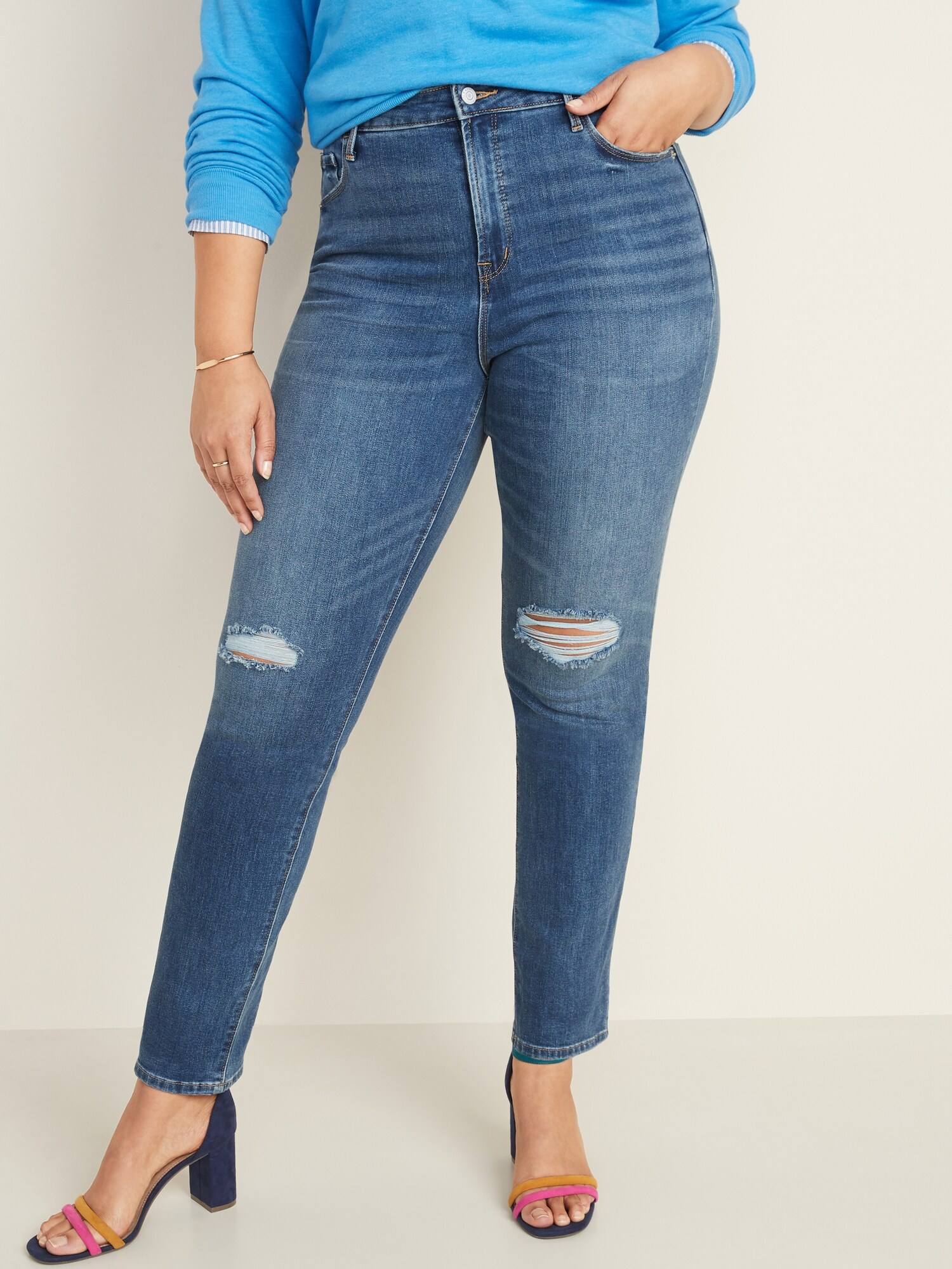 HighWaisted Distressed Power Slim Straight Jeans For Women Old Navy