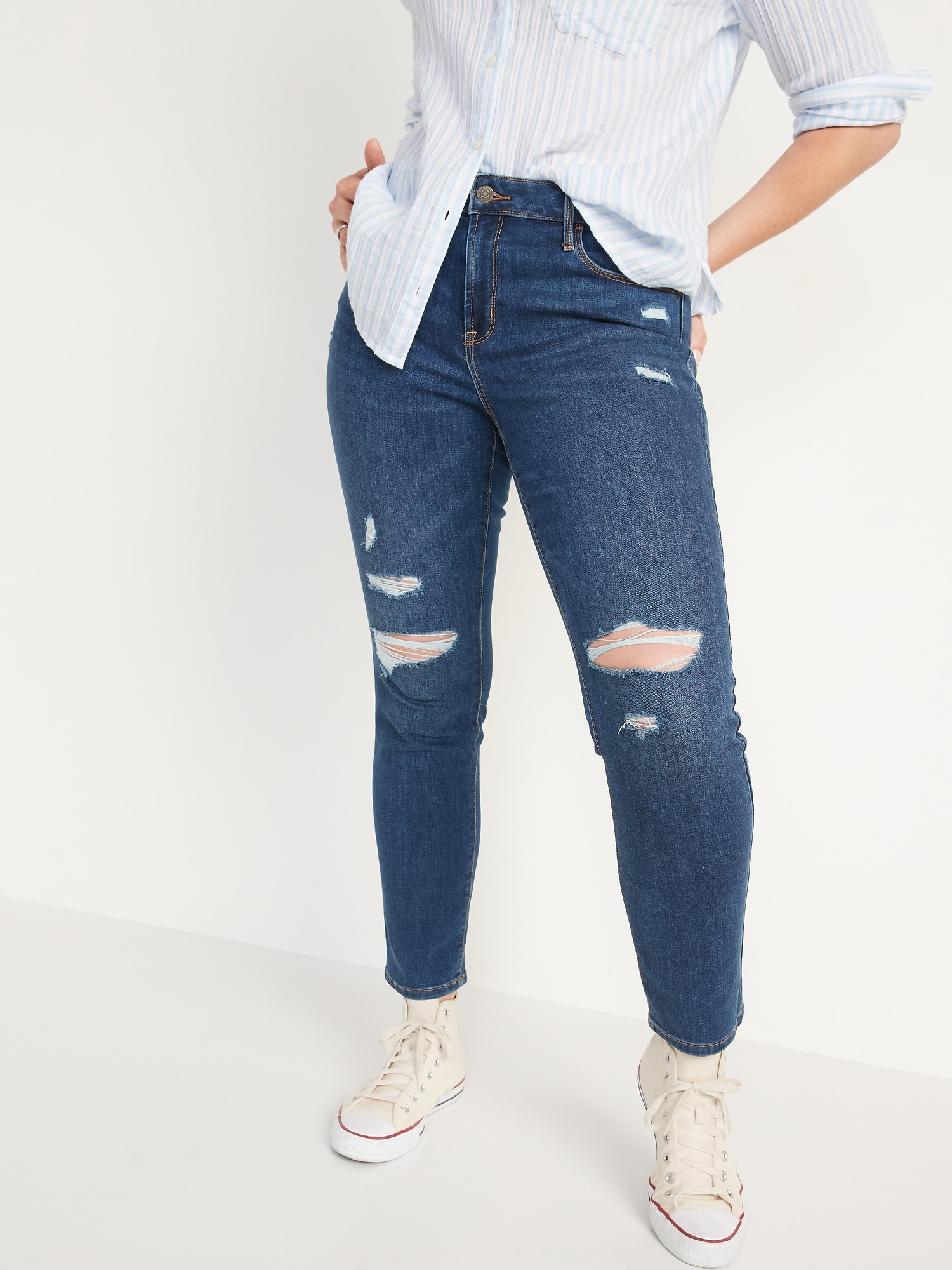 Mid-Rise Distressed Power Slim Straight Jeans for Women