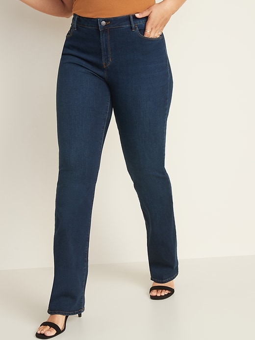 Image number 1 showing, Mid-Rise Dark-Wash Kicker Boot-Cut Jeans for Women