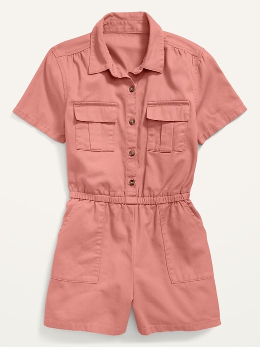 View large product image 2 of 2. Twill Utility-Pocket Short-Sleeve Romper for Girls