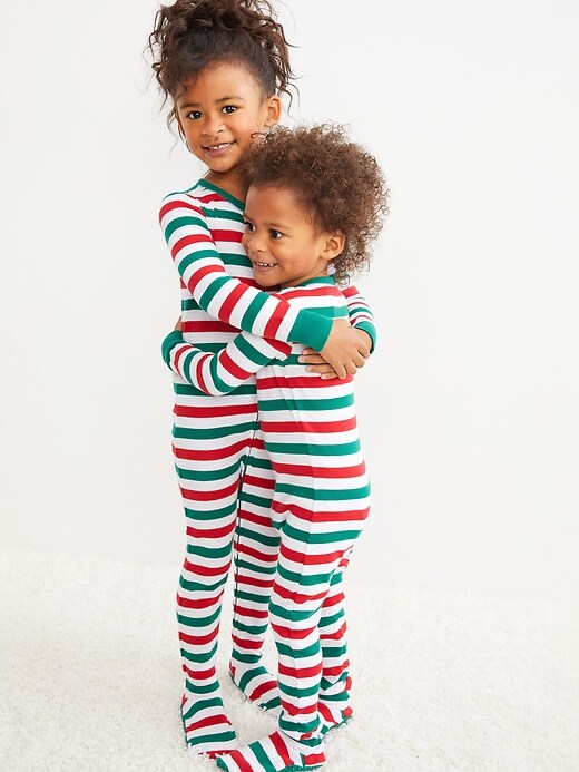 Image number 1 showing, Unisex Matching Striped Snug-Fit Footed One-Piece Pajamas for Toddler & Baby