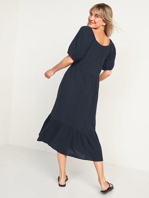 Image number 6 showing, Puff-Sleeve Scoop-Neck Waist-Defined Midi Dress for Women
