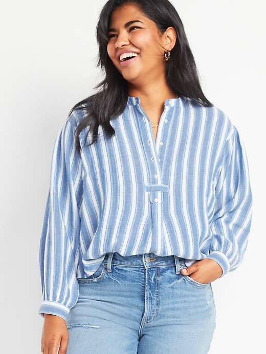 Image number 1 showing, Oversized Striped Long-Sleeve Tunic Blouse for Women