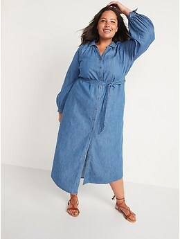 Plus Size Navy Blue Long Shirt Dress With Belt