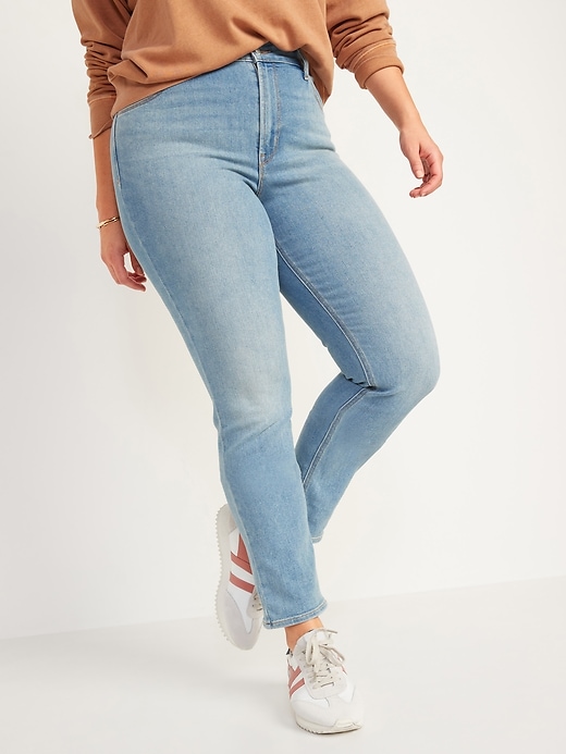 Image number 1 showing, High-Waisted Light-Wash Straight-Leg Jeans for Women
