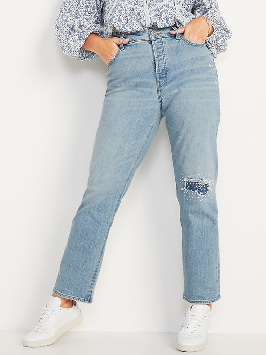 Image number 1 showing, High-Waisted Button-Fly Slouchy Straight Rip & Repair Jeans for Women