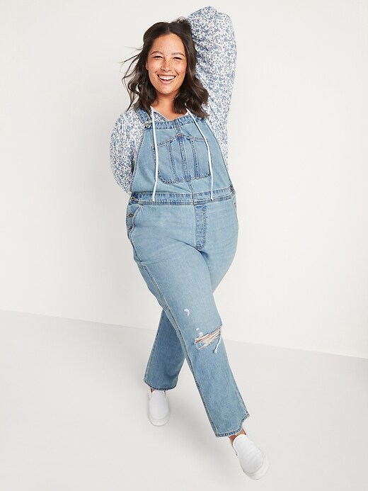 Image number 7 showing, Light-Wash Slouchy Straight Workwear Ripped Jean Overalls for Women
