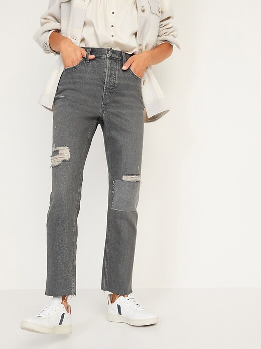 Image number 5 showing, Extra High-Waisted Button-Fly Sky-Hi Straight Patchwork Non-Stretch Jeans for Women