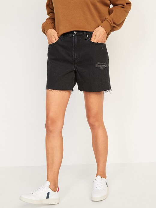 Image number 5 showing, High-Waisted Slouchy Straight Cut-Off Black Jean Shorts for Women-- 5-inch inseam