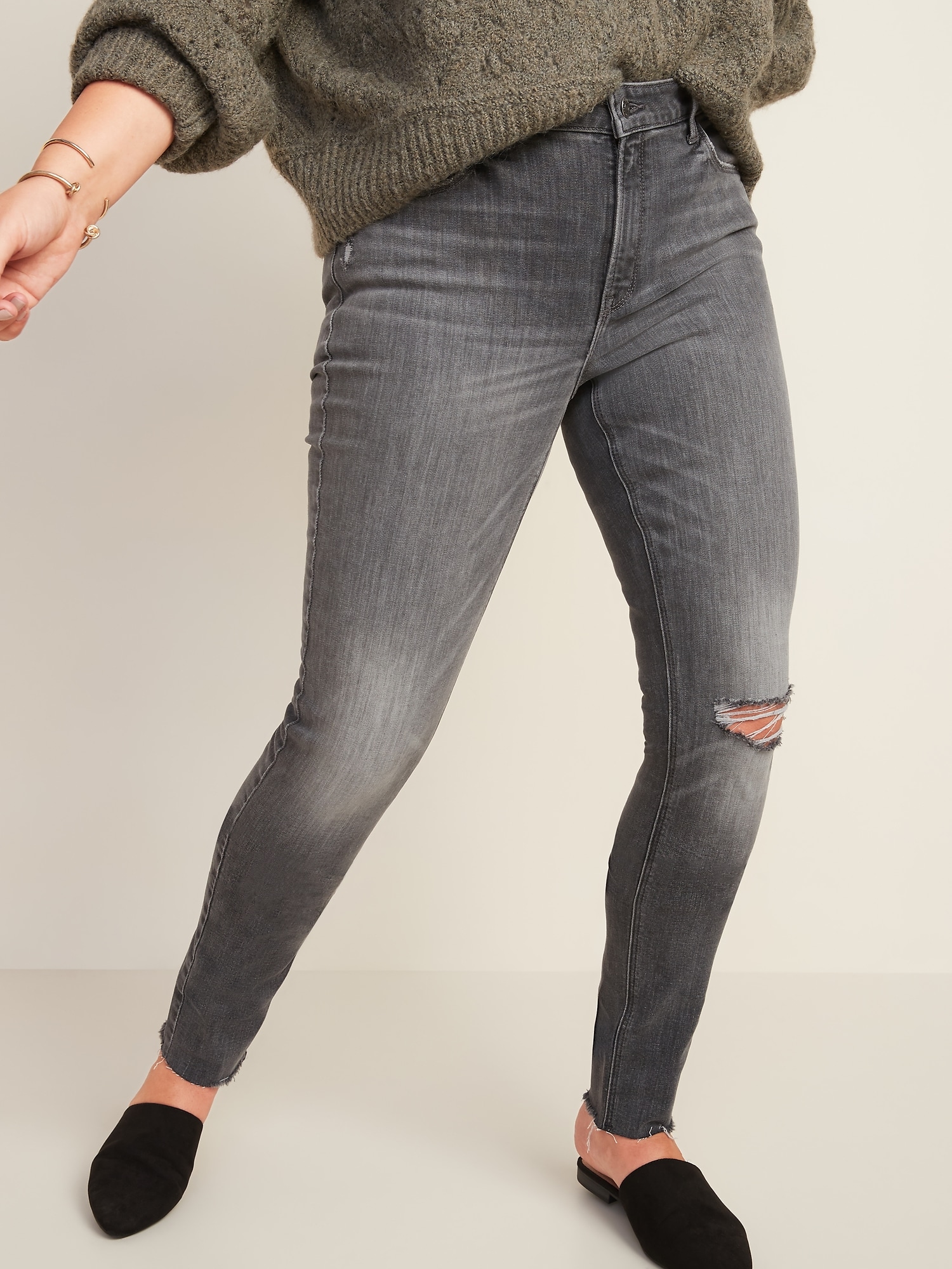 Mid-Rise Rockstar Super Skinny Ripped Gray Cut-Off Jeans for Women