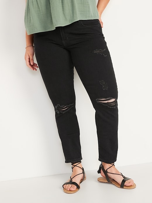 Image number 1 showing, Mid-Rise Power Slim Straight Black Ripped Jeans for Women