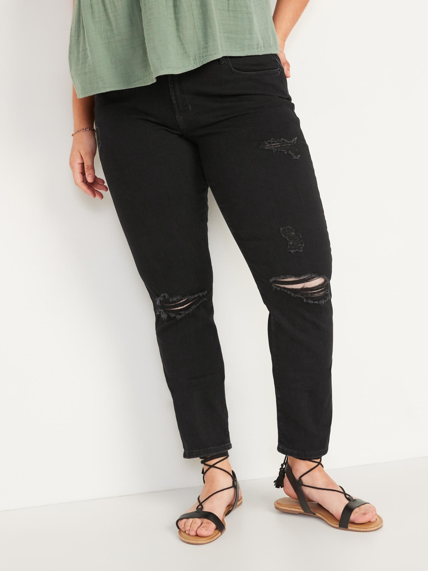 Mid-Rise Power Slim Straight Black Ripped Jeans for Women