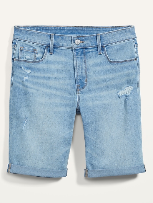 Image number 4 showing, Mid-Rise Light-Wash Distressed Bermuda Jean Shorts for Women -- 9-inch inseam