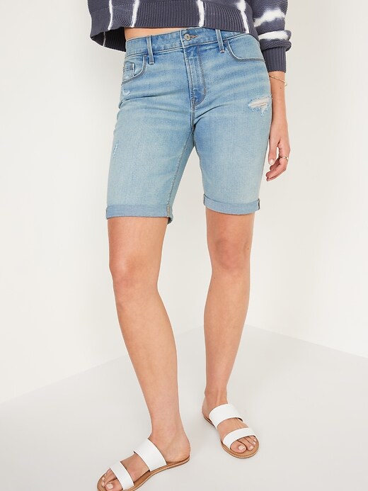 Image number 5 showing, Mid-Rise Light-Wash Distressed Bermuda Jean Shorts for Women -- 9-inch inseam
