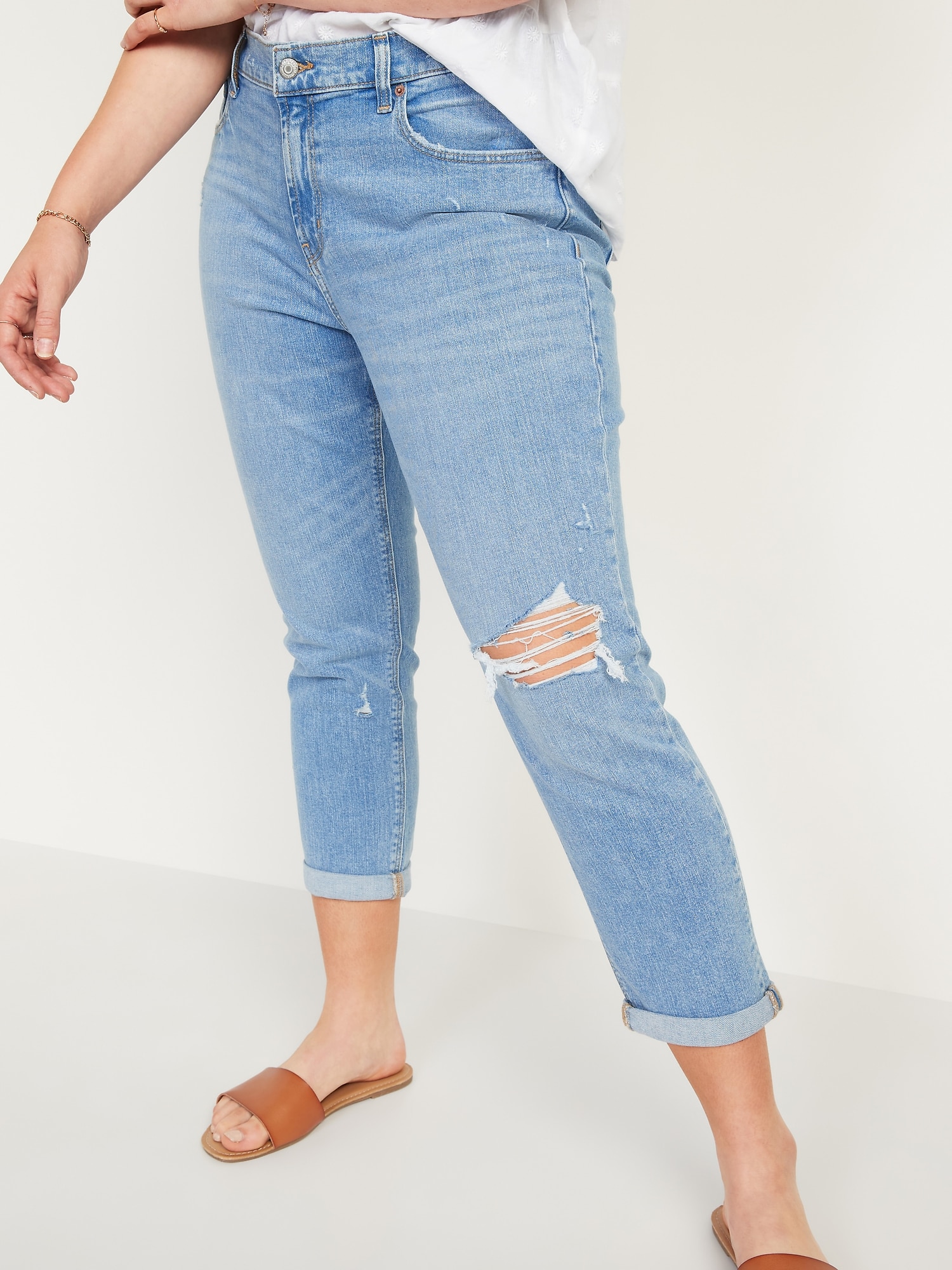 Mid-Rise Boyfriend Straight Ripped Jeans for Women