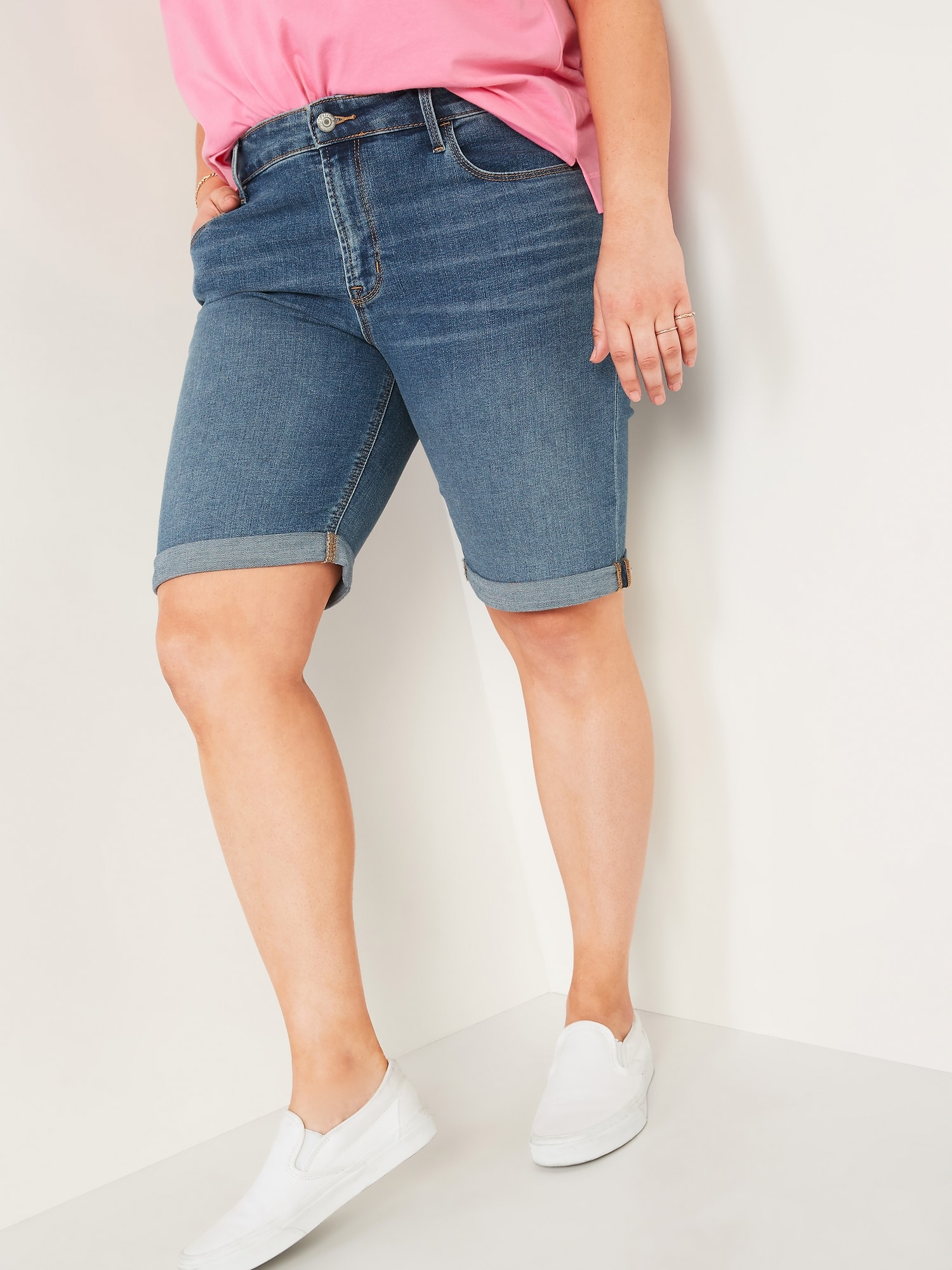 Mid-Rise Medium-Wash Bermuda Jean Shorts for Women -- 9-inch inseam