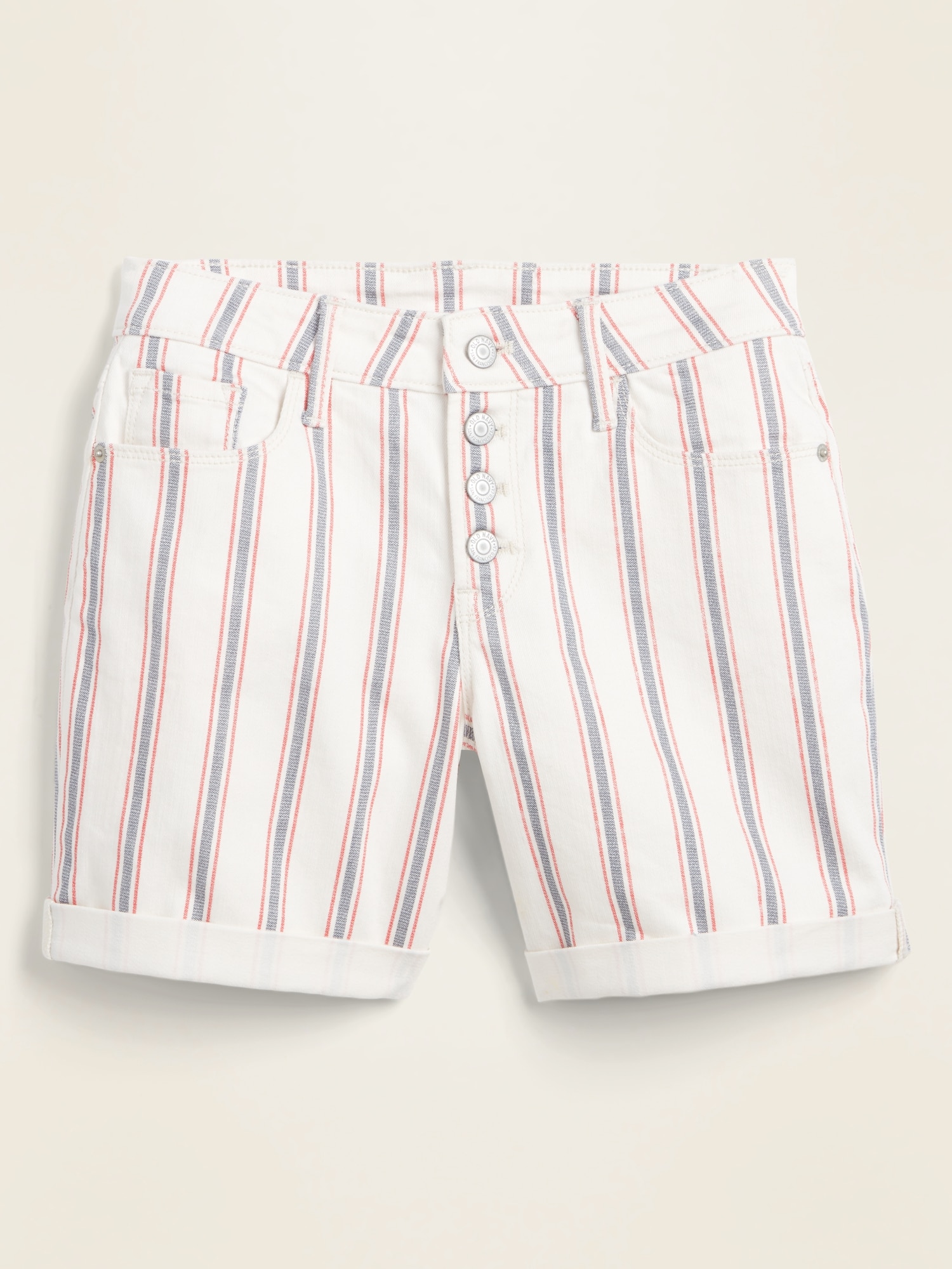 Button-Fly Multi-Stripe Jean Shorts 