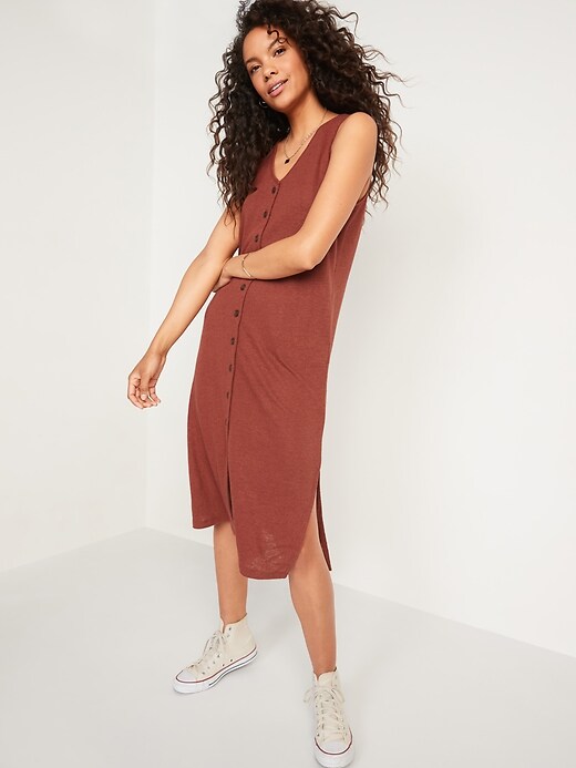 Image number 4 showing, Sleeveless Linen-Blend Button-Front Midi Shift Dress for Women