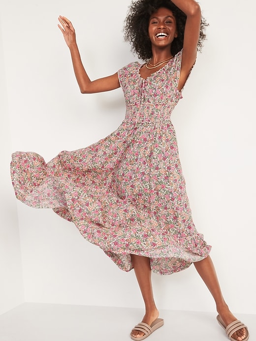 Image number 4 showing, Waist-Defined Smocked Floral-Print Midi Dress for Women