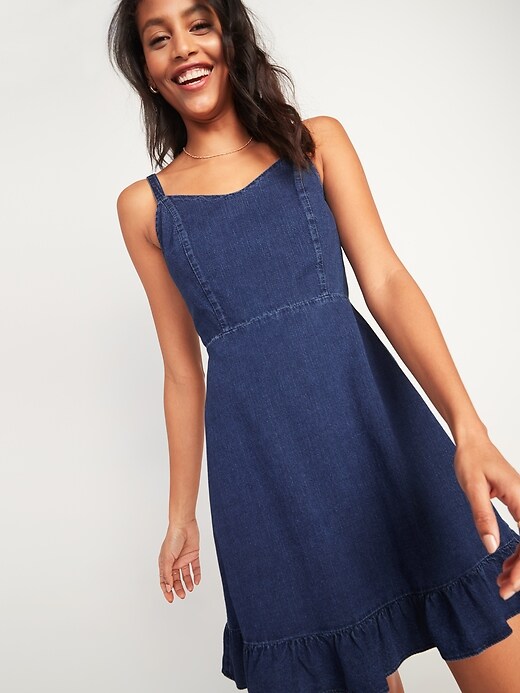 Image number 4 showing, Fit & Flare Cami Ruffle-Hem Jean Dress for Women