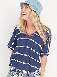 View large product image 3 of 3. Short-Sleeve Striped Slub-Knit Terry Hoodie For Women