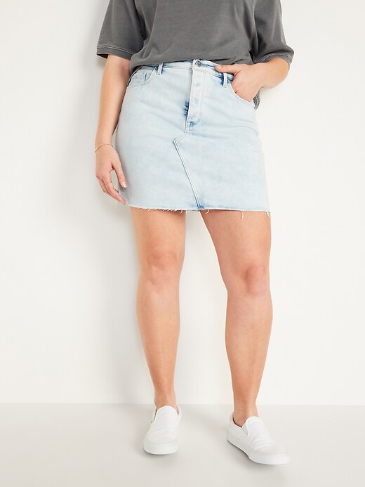 Image number 1 showing, High-Waisted Button-Fly Frayed-Hem Jean Skirt for Women