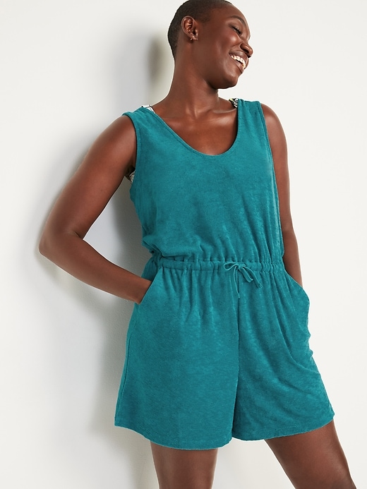 Image number 1 showing, Waist-Defined Sleeveless Performance Terry Romper -- 3-inch inseam