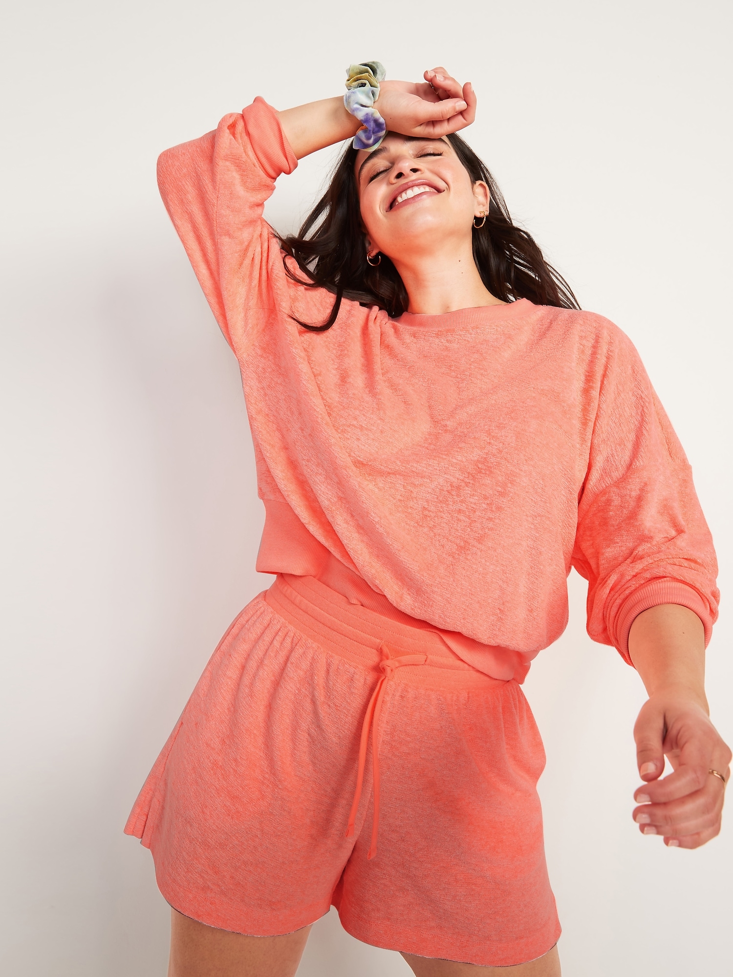 Loose Cropped Long-Sleeve Performance Slub-Knit Terry Sweatshirt for Women