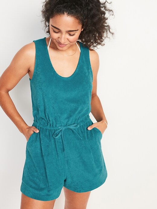 Image number 5 showing, Waist-Defined Sleeveless Performance Terry Romper -- 3-inch inseam