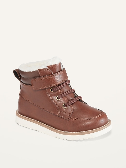 View large product image 1 of 4. Faux-Leather Sherpa-Trim Lace-Up Boots for Toddler Boys