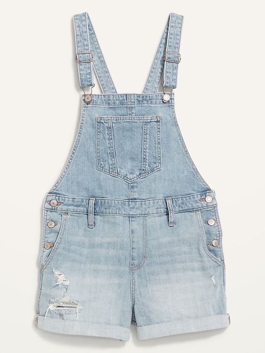 View large product image 1 of 2. Ripped Jean Shortalls for Women -- 3-inch inseam