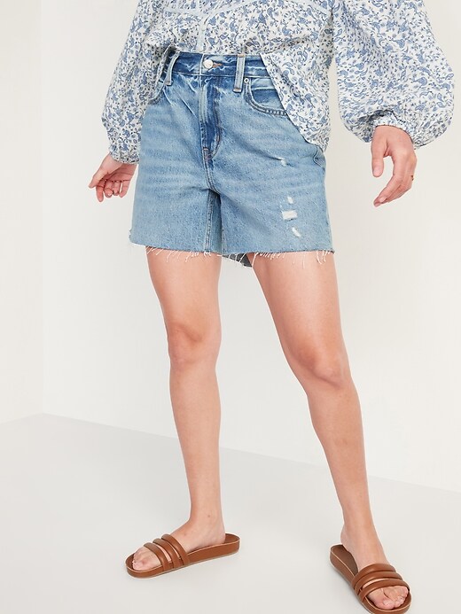 Image number 5 showing, High-Waisted Slouchy Straight Ripped Cut-Off Jean Shorts for Women -- 5-inch inseam