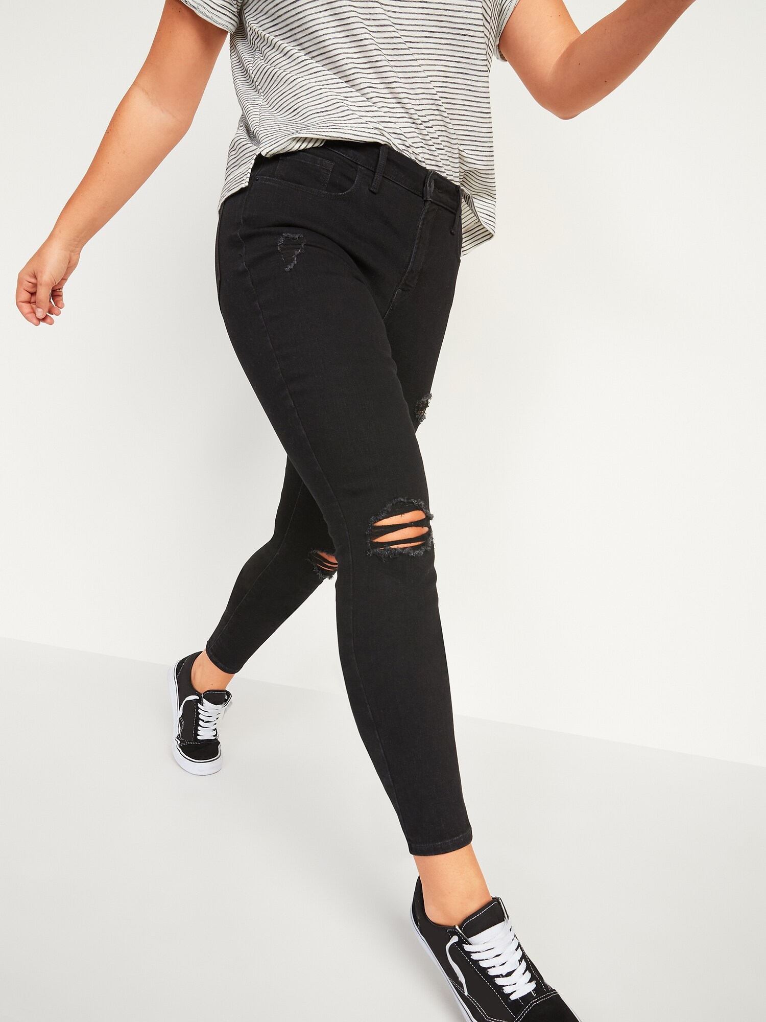 High-Waisted Pop Icon Skinny Black Ripped Jeans for Women