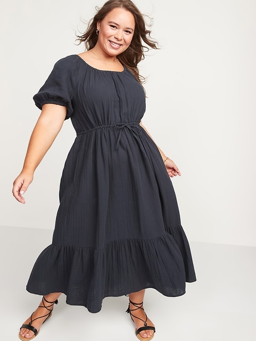 Image number 7 showing, Puff-Sleeve Scoop-Neck Waist-Defined Midi Dress for Women