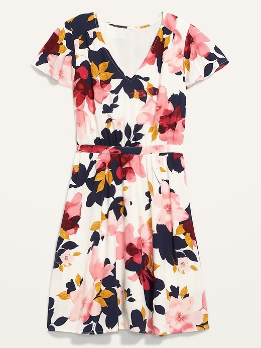 View large product image 2 of 2. Waist-Defined V-Neck Flutter-Sleeve Dress for Women