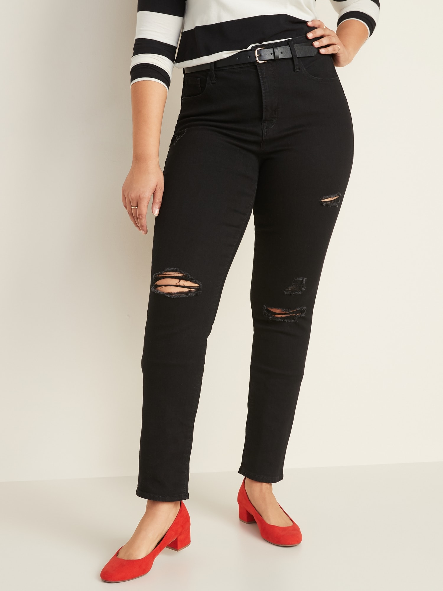 High-Waisted Distressed Power Slim Straight Black Jeans For Women
