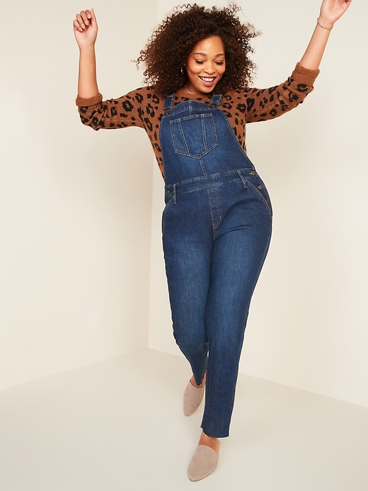 Image number 1 showing, Straight Dark-Wash Jean Overalls for Women