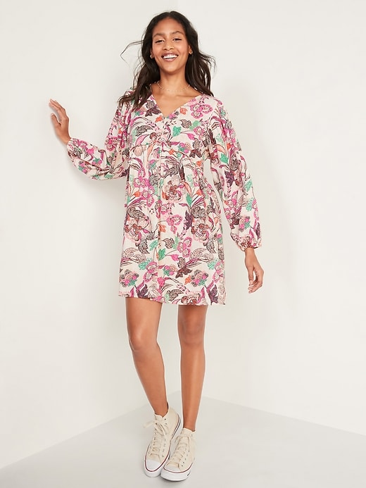 View large product image 1 of 2. Floral-Print V-Neck Long-Sleeve Swing Dress
