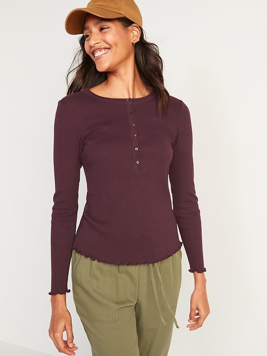 Long-Sleeve Rib-Knit Henley T-Shirt for Women
